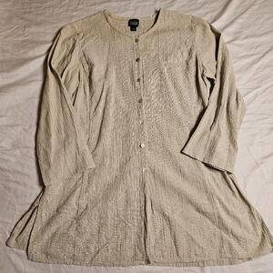 Eileen Fisher Women's M 100% Cotton Crinkle Textured Button Up Tunic Long Beige